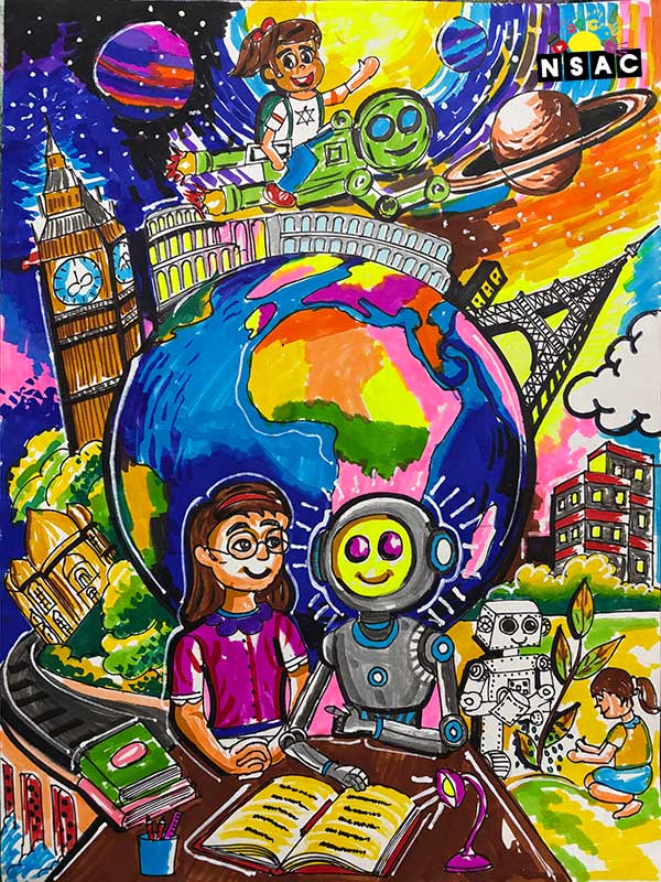Artwork of Radhya Agrawal in 21st All India Child Art Competition 2025, Me and My Robot Art Competition for Kids, National Level Painting Competition for Kids, Painting Competition for Children, Online Painting Competition for Kids, Kids Art Competition, Children Art Contest, Drawing Competition for Children, Painting Competition in Delhi for Kids, Nav Shri Art & Culture Organisation, Himanshu Art Institute, Painting Competition Near Me, Painting Competition for Students, Painting Competition for School, Drawing Competition for School Students, Indian Art Contest, Art Competition, Painting Competition for School Students