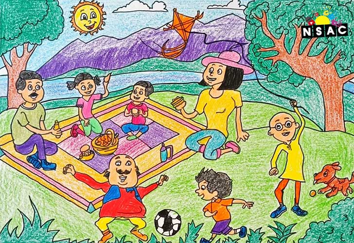 Artwork of D.Asmitha in 20th All India Child Art Competition 2024, A Lovely Day with Motu Patlu, Harvinder Mankkar, National Level Painting Competition for Kids, Painting Competition for Children, Online Painting Competition for Kids, Kids Art Competition, Children Art Contest, Drawing Competition for Children, Painting Competition in Delhi for Kids