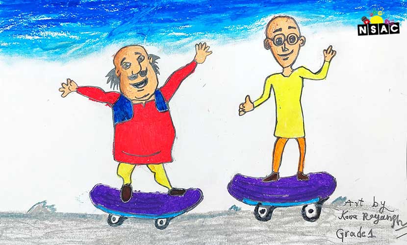 Artwork of Kona Reyansh Reddy in 20th All India Child Art Competition 2024, A Lovely Day with Motu Patlu, Harvinder Mankkar, National Level Painting Competition for Kids, Painting Competition for Children, Online Painting Competition for Kids, Kids Art Competition, Children Art Contest, Drawing Competition for Children, Painting Competition in Delhi for Kids