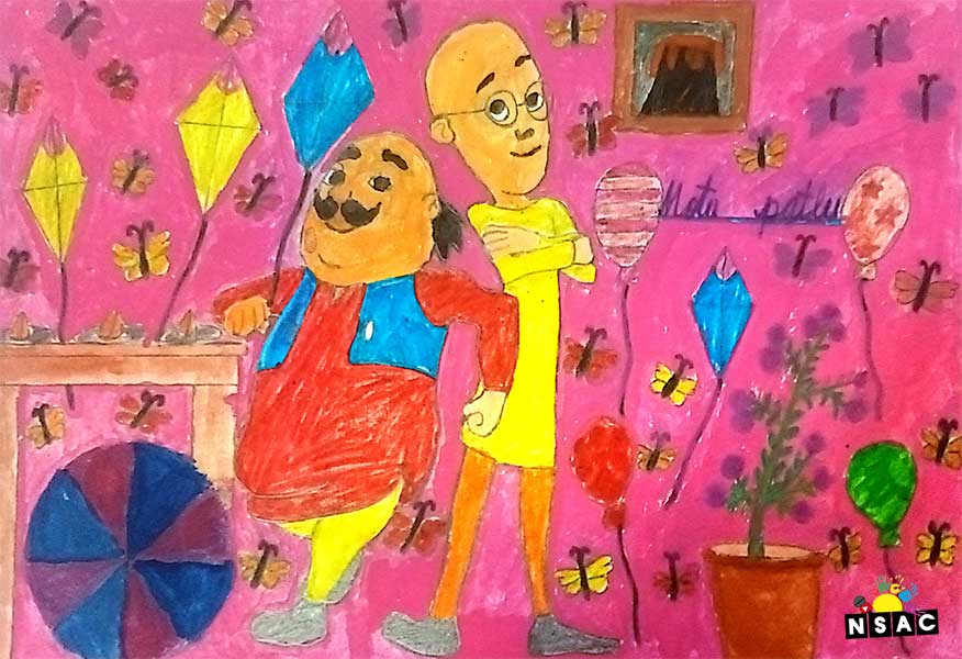 Artwork of Rabica Tirkey in 20th All India Child Art Competition 2024, A Lovely Day with Motu Patlu, Harvinder Mankkar, National Level Painting Competition for Kids, Painting Competition for Children, Online Painting Competition for Kids, Kids Art Competition, Children Art Contest, Drawing Competition for Children, Painting Competition in Delhi for Kids