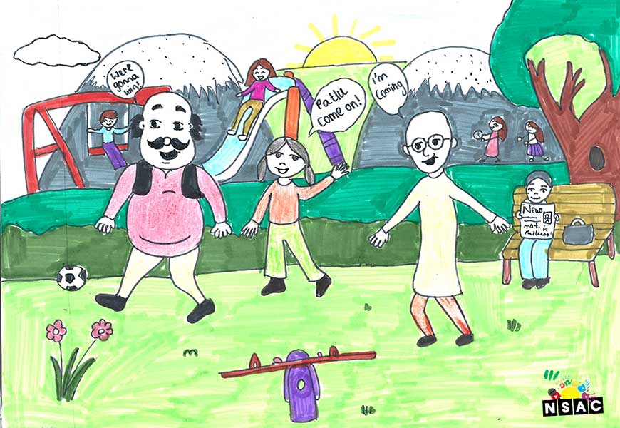 Artwork of Ishaani Nair in 20th All India Child Art Competition 2024, A Lovely Day with Motu Patlu, Harvinder Mankkar, National Level Painting Competition for Kids, Painting Competition for Children, Online Painting Competition for Kids, Kids Art Competition, Children Art Contest, Drawing Competition for Children, Painting Competition in Delhi for Kids