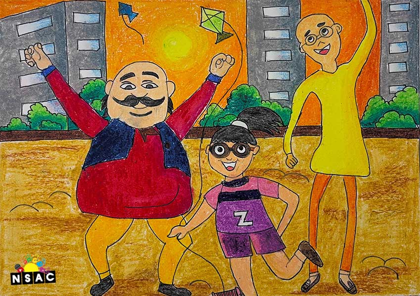 Artwork of Zara Karia in 20th All India Child Art Competition 2024, A Lovely Day with Motu Patlu, Harvinder Mankkar, National Level Painting Competition for Kids, Painting Competition for Children, Online Painting Competition for Kids, Kids Art Competition, Children Art Contest, Drawing Competition for Children, Painting Competition in Delhi for Kids