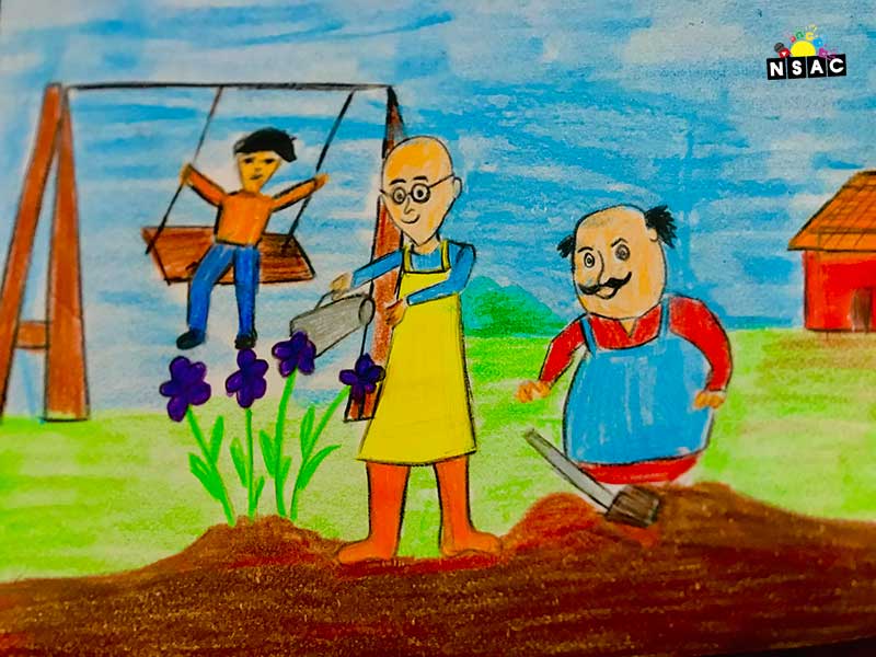 Artwork of Mourya Chauhan in 20th All India Child Art Competition 2024, A Lovely Day with Motu Patlu, Harvinder Mankkar, National Level Painting Competition for Kids, Painting Competition for Children, Online Painting Competition for Kids, Kids Art Competition, Children Art Contest, Drawing Competition for Children, Painting Competition in Delhi for Kids