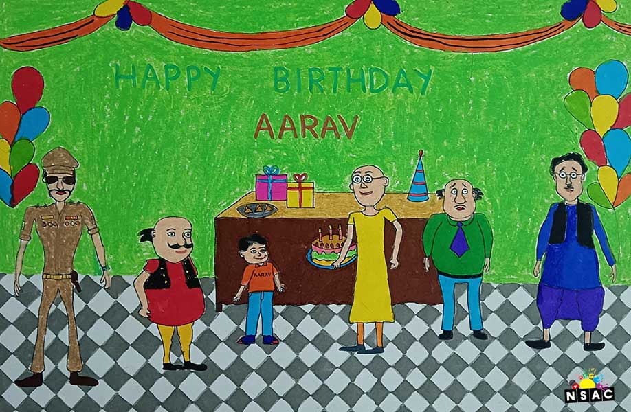 Artwork of Aarav Ladhawala in 20th All India Child Art Competition 2024, A Lovely Day with Motu Patlu, Harvinder Mankkar, National Level Painting Competition for Kids, Painting Competition for Children, Online Painting Competition for Kids, Kids Art Competition, Children Art Contest, Drawing Competition for Children, Painting Competition in Delhi for Kids