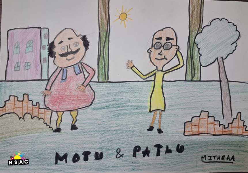 Artwork of Mithraa Ananth in 20th All India Child Art Competition 2024, A Lovely Day with Motu Patlu, Harvinder Mankkar, National Level Painting Competition for Kids, Painting Competition for Children, Online Painting Competition for Kids, Kids Art Competition, Children Art Contest, Drawing Competition for Children, Painting Competition in Delhi for Kids