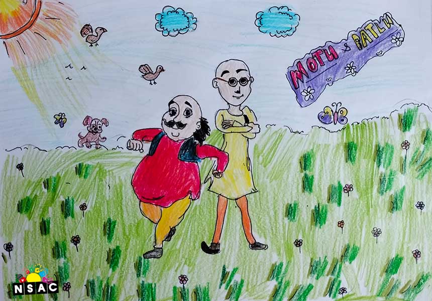 Artwork of Pragathi P in 20th All India Child Art Competition 2024, A Lovely Day with Motu Patlu, Harvinder Mankkar, National Level Painting Competition for Kids, Painting Competition for Children, Online Painting Competition for Kids, Kids Art Competition, Children Art Contest, Drawing Competition for Children, Painting Competition in Delhi for Kids