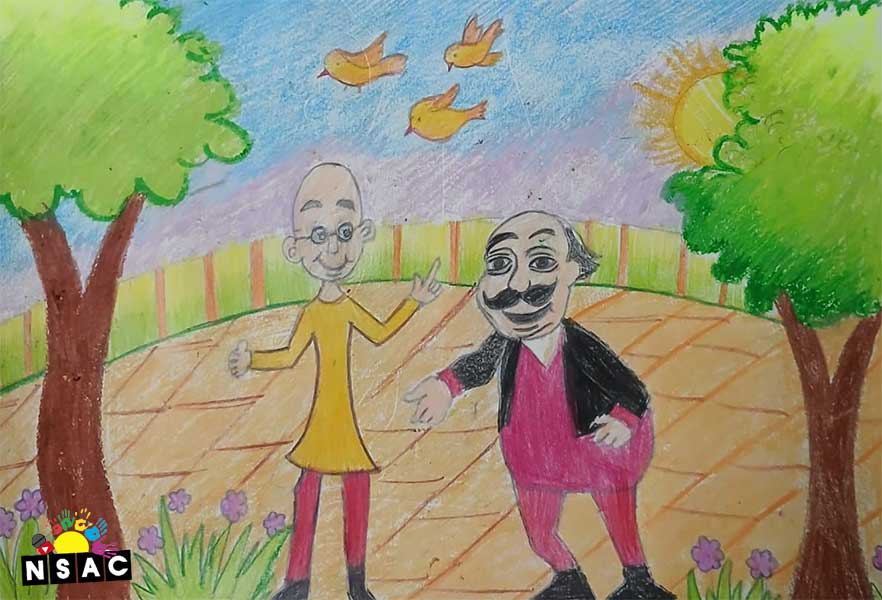 Artwork of Biyas Pal in 20th All India Child Art Competition 2024, A Lovely Day with Motu Patlu, Harvinder Mankkar, National Level Painting Competition for Kids, Painting Competition for Children, Online Painting Competition for Kids, Kids Art Competition, Children Art Contest, Drawing Competition for Children, Painting Competition in Delhi for Kids