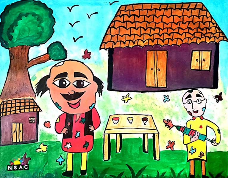 Artwork of Devanshi Dehury in 20th All India Child Art Competition 2024, A Lovely Day with Motu Patlu, Harvinder Mankkar, National Level Painting Competition for Kids, Painting Competition for Children, Online Painting Competition for Kids, Kids Art Competition, Children Art Contest, Drawing Competition for Children, Painting Competition in Delhi for Kids