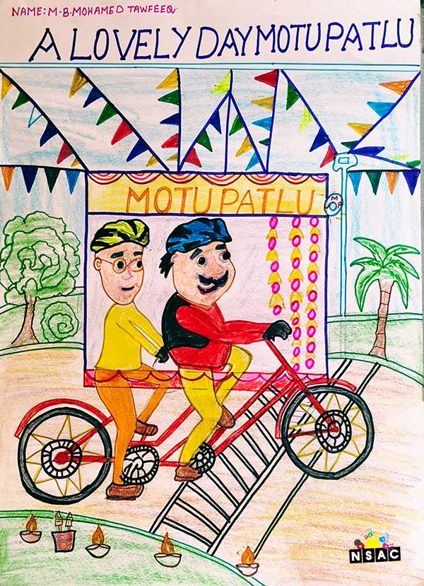 Artwork of M.B.Mohamed Tawfeeq in 20th All India Child Art Competition 2024, A Lovely Day with Motu Patlu, Harvinder Mankkar, National Level Painting Competition for Kids, Painting Competition for Children, Online Painting Competition for Kids, Kids Art Competition, Children Art Contest, Drawing Competition for Children, Painting Competition in Delhi for Kids