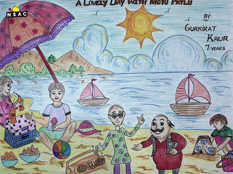Artwork of Gurkirat Kaur in 20th All India Child Art Competition 2024, A Lovely Day with Motu Patlu, Harvinder Mankkar, National Level Painting Competition for Kids, Painting Competition for Children, Online Painting Competition for Kids, Kids Art Competition, Children Art Contest, Drawing Competition for Children, Painting Competition in Delhi for Kids