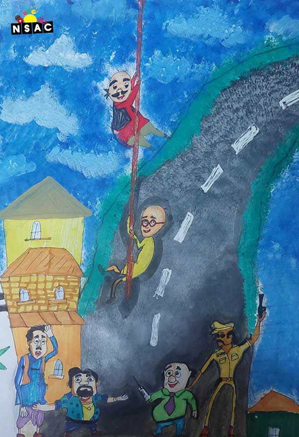 Artwork of Aniket Sachdeva in 20th All India Child Art Competition 2024, A Lovely Day with Motu Patlu, Harvinder Mankkar, National Level Painting Competition for Kids, Painting Competition for Children, Online Painting Competition for Kids, Kids Art Competition, Children Art Contest, Drawing Competition for Children, Painting Competition in Delhi for Kids