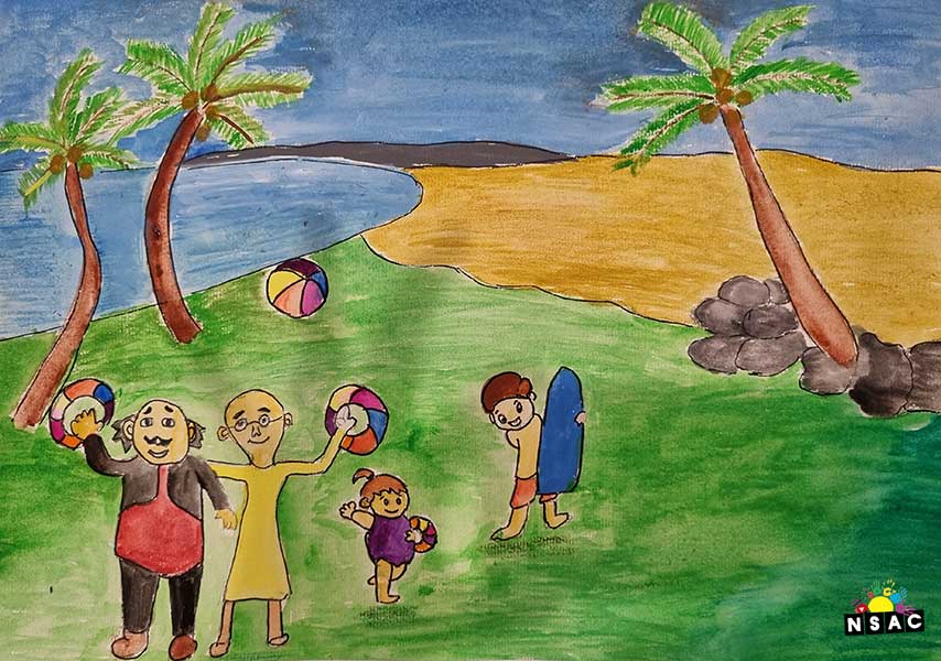 Artwork of Lavanya Arya in 20th All India Child Art Competition 2024, A Lovely Day with Motu Patlu, Harvinder Mankkar, National Level Painting Competition for Kids, Painting Competition for Children, Online Painting Competition for Kids, Kids Art Competition, Children Art Contest, Drawing Competition for Children, Painting Competition in Delhi for Kids