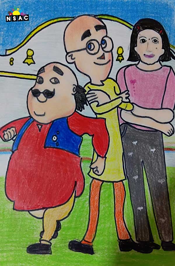 Artwork of Sanvi Sachin Lande in 20th All India Child Art Competition 2024, A Lovely Day with Motu Patlu, Harvinder Mankkar, National Level Painting Competition for Kids, Painting Competition for Children, Online Painting Competition for Kids, Kids Art Competition, Children Art Contest, Drawing Competition for Children, Painting Competition in Delhi for Kids