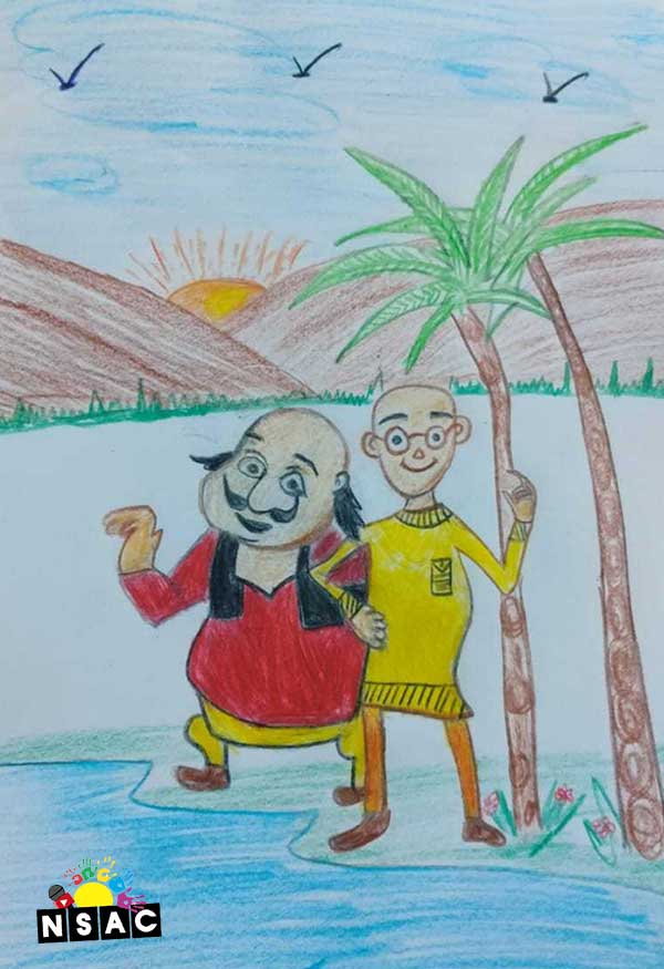 Artwork of Darsh Jaiswal in 20th All India Child Art Competition 2024, A Lovely Day with Motu Patlu, Harvinder Mankkar, National Level Painting Competition for Kids, Painting Competition for Children, Online Painting Competition for Kids, Kids Art Competition, Children Art Contest, Drawing Competition for Children, Painting Competition in Delhi for Kids