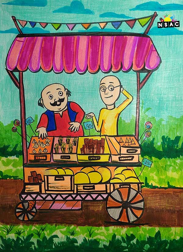 Artwork of Aarush Gupta in 20th All India Child Art Competition 2024, A Lovely Day with Motu Patlu, Harvinder Mankkar, National Level Painting Competition for Kids, Painting Competition for Children, Online Painting Competition for Kids, Kids Art Competition, Children Art Contest, Drawing Competition for Children, Painting Competition in Delhi for Kids