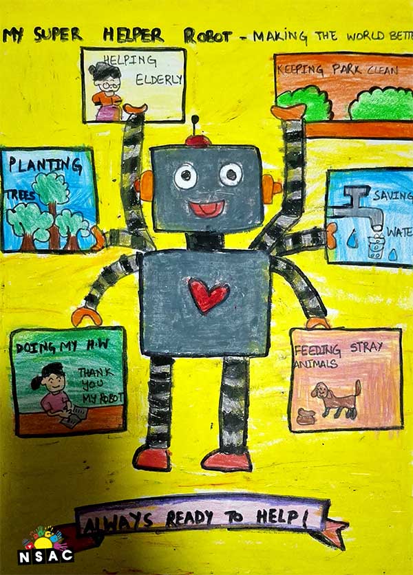 Artwork of Inaaya Nair in 21st All India Child Art Competition 2025, Me and My Robot Art Competition for Kids, National Level Painting Competition for Kids, Painting Competition for Children, Online Painting Competition for Kids, Kids Art Competition, Children Art Contest, Drawing Competition for Children, Painting Competition in Delhi for Kids, Nav Shri Art & Culture Organisation, Himanshu Art Institute, Painting Competition Near Me, Painting Competition for Students, Painting Competition for School, Drawing Competition for School Students, Indian Art Contest, Art Competition, Painting Competition for School Students