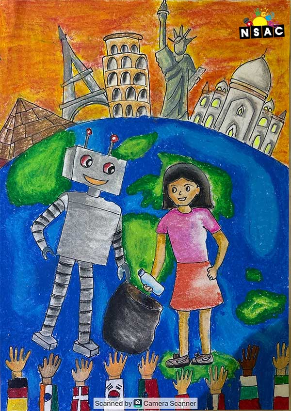 Artwork of Zara kartik Karia in 21st All India Child Art Competition 2025, Me and My Robot Art Competition for Kids, National Level Painting Competition for Kids, Painting Competition for Children, Online Painting Competition for Kids, Kids Art Competition, Children Art Contest, Drawing Competition for Children, Painting Competition in Delhi for Kids, Nav Shri Art & Culture Organisation, Himanshu Art Institute, Painting Competition Near Me, Painting Competition for Students, Painting Competition for School, Drawing Competition for School Students, Indian Art Contest, Art Competition, Painting Competition for School Students