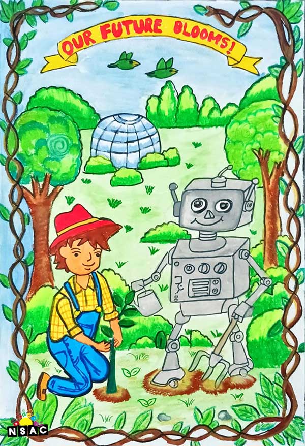 Artwork of Soumya Mahesh Wani in 21st All India Child Art Competition 2025, Me and My Robot Art Competition for Kids, National Level Painting Competition for Kids, Painting Competition for Children, Online Painting Competition for Kids, Kids Art Competition, Children Art Contest, Drawing Competition for Children, Painting Competition in Delhi for Kids, Nav Shri Art & Culture Organisation, Himanshu Art Institute, Painting Competition Near Me, Painting Competition for Students, Painting Competition for School, Drawing Competition for School Students, Indian Art Contest, Art Competition, Painting Competition for School Students