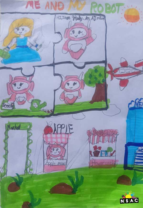 Artwork of Bhavagna Reddy Kamuri in 21st All India Child Art Competition 2025, Me and My Robot Art Competition for Kids, National Level Painting Competition for Kids, Painting Competition for Children, Online Painting Competition for Kids, Kids Art Competition, Children Art Contest, Drawing Competition for Children, Painting Competition in Delhi for Kids, Nav Shri Art & Culture Organisation, Himanshu Art Institute, Painting Competition Near Me, Painting Competition for Students, Painting Competition for School, Drawing Competition for School Students, Indian Art Contest, Art Competition, Painting Competition for School Students