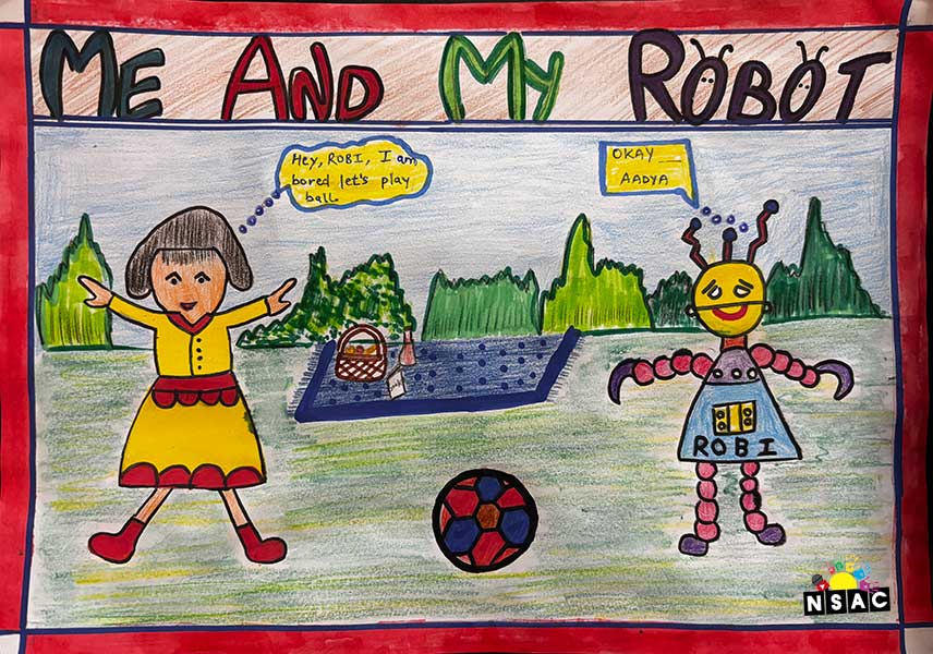 Artwork of Aadya Singhal in 21st All India Child Art Competition 2025, Me and My Robot Art Competition for Kids, National Level Painting Competition for Kids, Painting Competition for Children, Online Painting Competition for Kids, Kids Art Competition, Children Art Contest, Drawing Competition for Children, Painting Competition in Delhi for Kids, Nav Shri Art & Culture Organisation, Himanshu Art Institute, Painting Competition Near Me, Painting Competition for Students, Painting Competition for School, Drawing Competition for School Students, Indian Art Contest, Art Competition, Painting Competition for School Students
