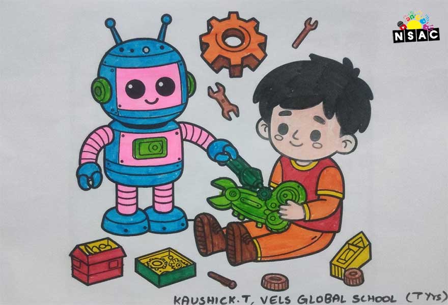 Artwork of Kaushick T in 21st All India Child Art Competition 2025, Me and My Robot Art Competition for Kids, National Level Painting Competition for Kids, Painting Competition for Children, Online Painting Competition for Kids, Kids Art Competition, Children Art Contest, Drawing Competition for Children, Painting Competition in Delhi for Kids, Nav Shri Art & Culture Organisation, Himanshu Art Institute, Painting Competition Near Me, Painting Competition for Students, Painting Competition for School, Drawing Competition for School Students, Indian Art Contest, Art Competition, Painting Competition for School Students