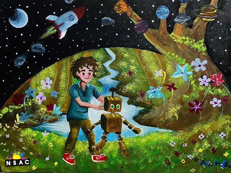 Artwork of Aarav Singh in 21st All India Child Art Competition 2025, Me and My Robot Art Competition for Kids, National Level Painting Competition for Kids, Painting Competition for Children, Online Painting Competition for Kids, Kids Art Competition, Children Art Contest, Drawing Competition for Children, Painting Competition in Delhi for Kids, Nav Shri Art & Culture Organisation, Himanshu Art Institute, Painting Competition Near Me, Painting Competition for Students, Painting Competition for School, Drawing Competition for School Students, Indian Art Contest, Art Competition, Painting Competition for School Students