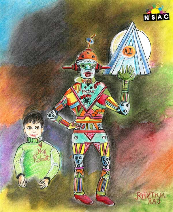 Artwork of Rhythm Raj in 21st All India Child Art Competition 2025, Me and My Robot Art Competition for Kids, National Level Painting Competition for Kids, Painting Competition for Children, Online Painting Competition for Kids, Kids Art Competition, Children Art Contest, Drawing Competition for Children, Painting Competition in Delhi for Kids, Nav Shri Art & Culture Organisation, Himanshu Art Institute, Painting Competition Near Me, Painting Competition for Students, Painting Competition for School, Drawing Competition for School Students, Indian Art Contest, Art Competition, Painting Competition for School Students