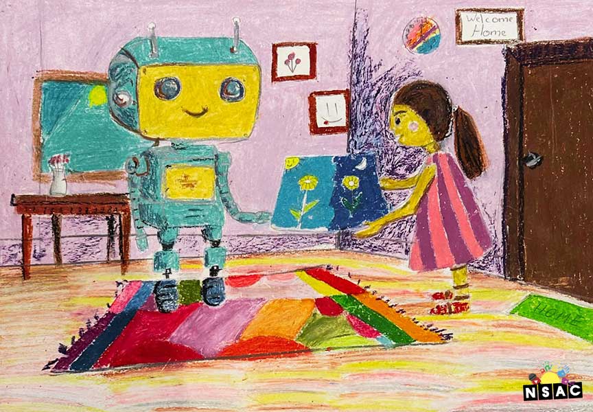 Artwork of Riya Reddy Kancharla in 21st All India Child Art Competition 2025, Me and My Robot Art Competition for Kids, National Level Painting Competition for Kids, Painting Competition for Children, Online Painting Competition for Kids, Kids Art Competition, Children Art Contest, Drawing Competition for Children, Painting Competition in Delhi for Kids, Nav Shri Art & Culture Organisation, Himanshu Art Institute, Painting Competition Near Me, Painting Competition for Students, Painting Competition for School, Drawing Competition for School Students, Indian Art Contest, Art Competition, Painting Competition for School Students