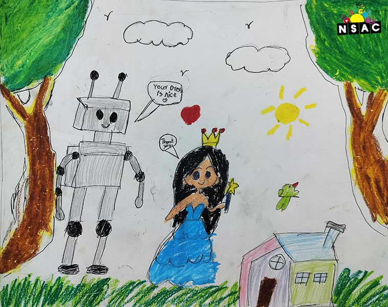 Artwork of S.Dhanvika in 21st All India Child Art Competition 2025, Me and My Robot Art Competition for Kids, National Level Painting Competition for Kids, Painting Competition for Children, Online Painting Competition for Kids, Kids Art Competition, Children Art Contest, Drawing Competition for Children, Painting Competition in Delhi for Kids, Nav Shri Art & Culture Organisation, Himanshu Art Institute, Painting Competition Near Me, Painting Competition for Students, Painting Competition for School, Drawing Competition for School Students, Indian Art Contest, Art Competition, Painting Competition for School Students