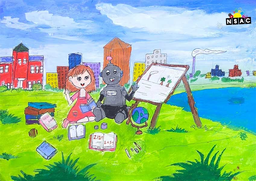 Artwork of Gogikar Srikruthi in 21st All India Child Art Competition 2025, Me and My Robot Art Competition for Kids, National Level Painting Competition for Kids, Painting Competition for Children, Online Painting Competition for Kids, Kids Art Competition, Children Art Contest, Drawing Competition for Children, Painting Competition in Delhi for Kids, Nav Shri Art & Culture Organisation, Himanshu Art Institute, Painting Competition Near Me, Painting Competition for Students, Painting Competition for School, Drawing Competition for School Students, Indian Art Contest, Art Competition, Painting Competition for School Students