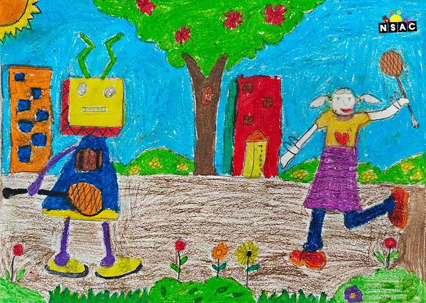 Artwork of Aadhya Sriramoju in 21st All India Child Art Competition 2025, Me and My Robot Art Competition for Kids, National Level Painting Competition for Kids, Painting Competition for Children, Online Painting Competition for Kids, Kids Art Competition, Children Art Contest, Drawing Competition for Children, Painting Competition in Delhi for Kids, Nav Shri Art & Culture Organisation, Himanshu Art Institute, Painting Competition Near Me, Painting Competition for Students, Painting Competition for School, Drawing Competition for School Students, Indian Art Contest, Art Competition, Painting Competition for School Students