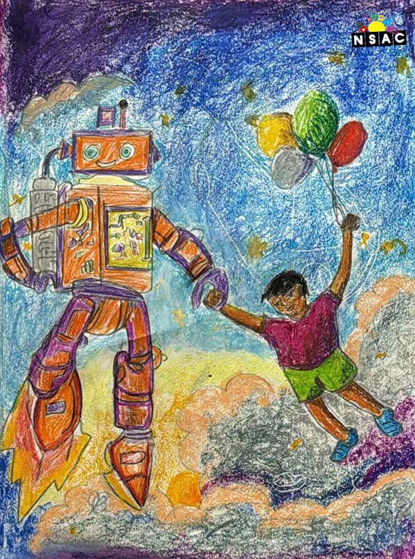 Artwork of Kritik Kandakatla in 21st All India Child Art Competition 2025, Me and My Robot Art Competition for Kids, National Level Painting Competition for Kids, Painting Competition for Children, Online Painting Competition for Kids, Kids Art Competition, Children Art Contest, Drawing Competition for Children, Painting Competition in Delhi for Kids, Nav Shri Art & Culture Organisation, Himanshu Art Institute, Painting Competition Near Me, Painting Competition for Students, Painting Competition for School, Drawing Competition for School Students, Indian Art Contest, Art Competition, Painting Competition for School Students