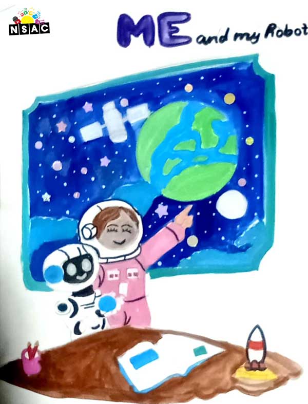 Artwork of Mudigonda Dhaanvitha in 21st All India Child Art Competition 2025, Me and My Robot Art Competition for Kids, National Level Painting Competition for Kids, Painting Competition for Children, Online Painting Competition for Kids, Kids Art Competition, Children Art Contest, Drawing Competition for Children, Painting Competition in Delhi for Kids, Nav Shri Art & Culture Organisation, Himanshu Art Institute, Painting Competition Near Me, Painting Competition for Students, Painting Competition for School, Drawing Competition for School Students, Indian Art Contest, Art Competition, Painting Competition for School Students