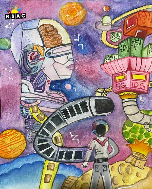 Artwork of Devika Agarwal in 21st All India Child Art Competition 2025, The Future of Earth - Online Competition, National Level Painting Competition for Kids, Painting Competition for Children, Online Painting Competition for Kids, Kids Art Competition, Children Art Contest, Drawing Competition for Children, Painting Competition in Delhi for Kids, Nav Shri Art & Culture Organisation, Himanshu Art Institute, Painting Competition Near Me, Painting Competition for Students, Painting Competition for School, Drawing Competition for School Students, Indian Art Contest, Art Competition, Painting Competition for School Students