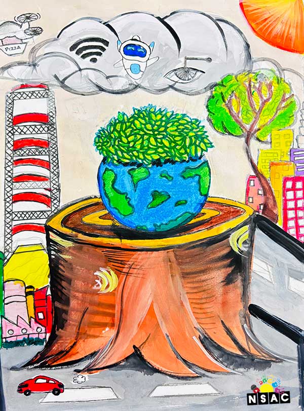 Artwork of Aadrija Dey in 21st All India Child Art Competition 2025, The Future of Earth - Online Competition, National Level Painting Competition for Kids, Painting Competition for Children, Online Painting Competition for Kids, Kids Art Competition, Children Art Contest, Drawing Competition for Children, Painting Competition in Delhi for Kids, Nav Shri Art & Culture Organisation, Himanshu Art Institute, Painting Competition Near Me, Painting Competition for Students, Painting Competition for School, Drawing Competition for School Students, Indian Art Contest, Art Competition, Painting Competition for School Students